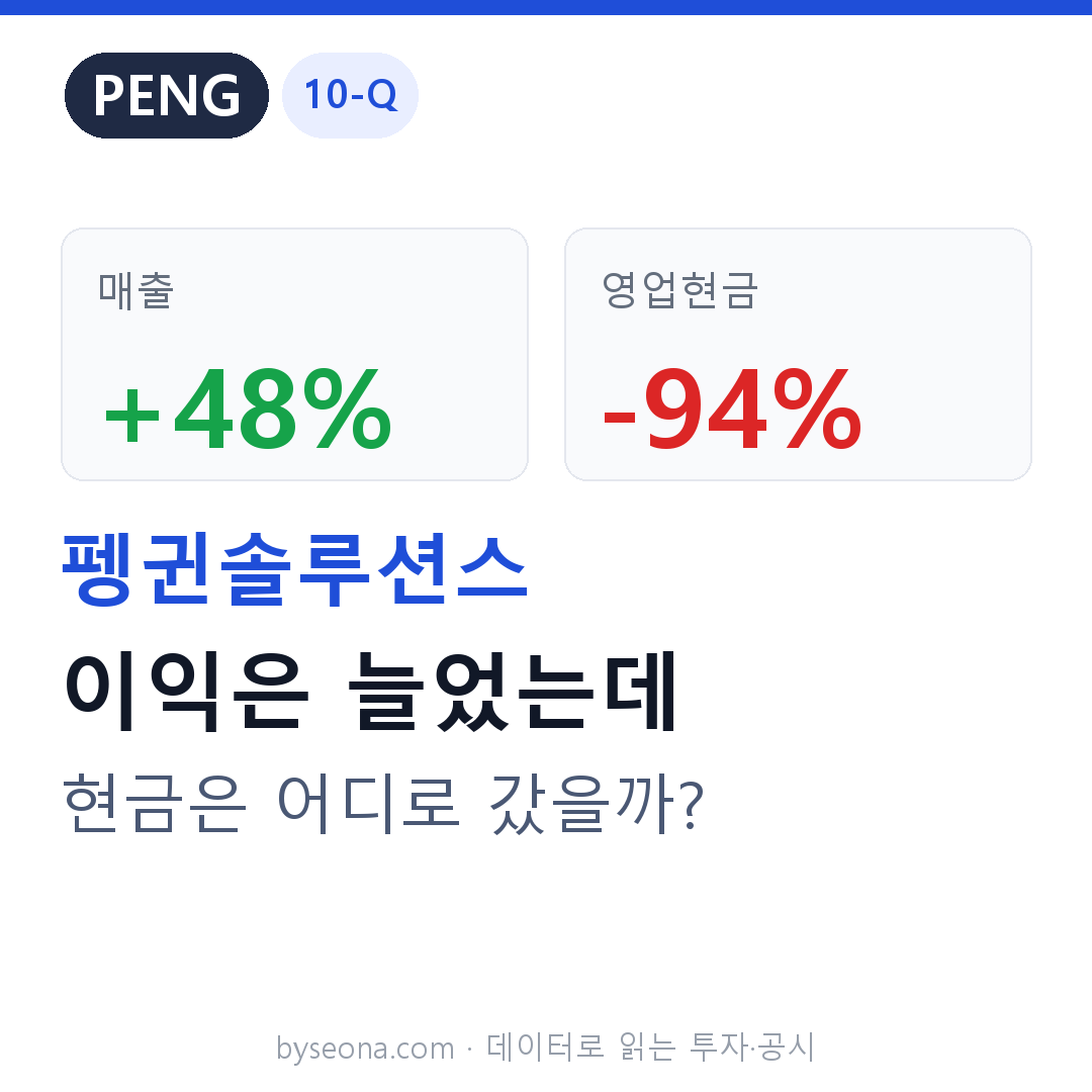펭귄솔루션스(PENG) 종합분석: AI 인프라로 분기 매출 +48%, 이익은 났는데 현금은 어디 갔을까?