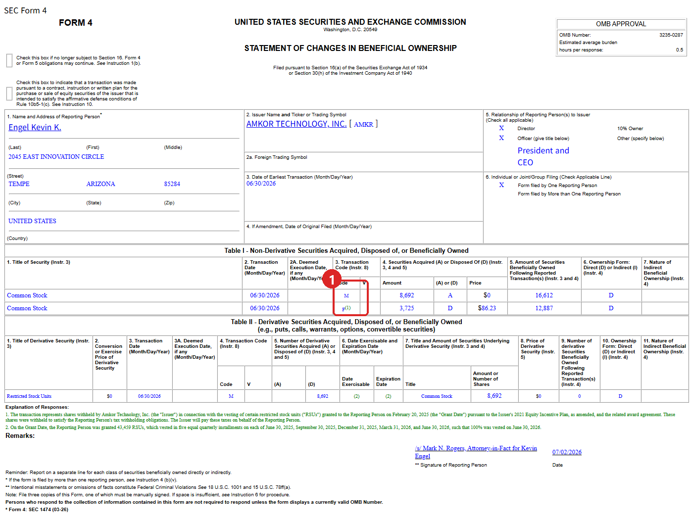 앰코 CEO Form 4 원문 — M(행사)+F(세금 원천징수)가 한 문서에